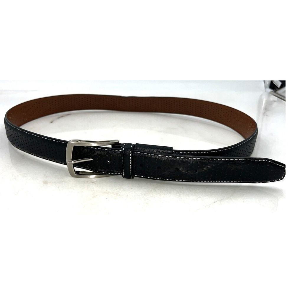 Pebble Beach Belt Mens Sz 40 Black Leather Perforated Silver Buckle and Logo